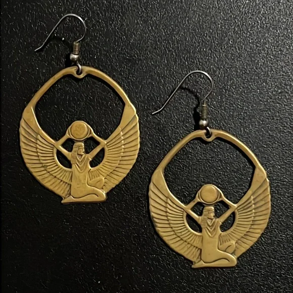 Vintage Art Deco Gold Brass Egyptian Goddess Eye Of Isis Deity Earrings - Picture 7 of 13